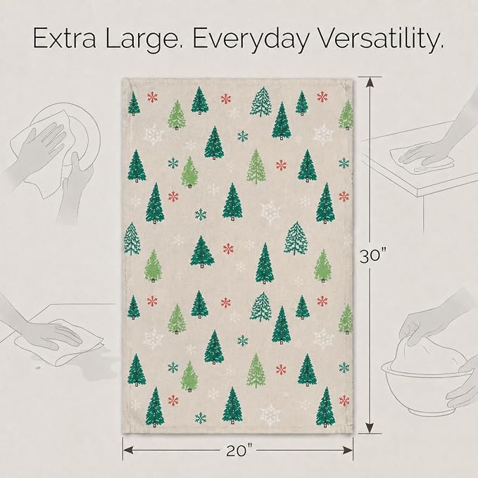 Urban Villa Kitchen Towels Christmas Green Trees Print Premium Quality,100% Cotton Dish Towels Mitered Corners Ultra Soft (Size: 20X30 Inch) Highly Absorbent Bar Towels & Tea Towels - (Set of 6)
