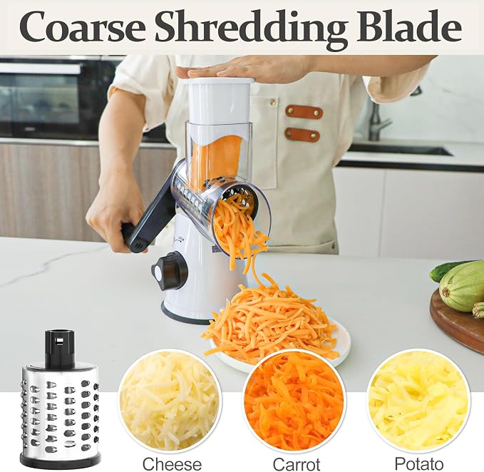Cambom Rotary Cheese Grater Hand Crank Cheese Shredder for Fresh Cheese, Vegetable, Nuts,Non-slip Suction Base, Three Blades, Black White