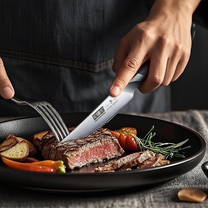 HOSHANHO Steak Knives Set of 6 with Block, 4.5 In Serrated Steak Knife Set | Multipurpose Japanese High Carbon Steel Kitchen Steak Knives with Ergonomic Handle, Ideal Gifts
