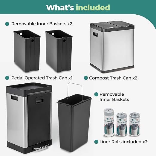HOLDN’ STORAGE 36L Triple-Compartment Trash & Recycling Bin for Kitchen, Multi-Access Opening, Odor Control, Stainless Steel, 3 Trash Bag Rolls Included