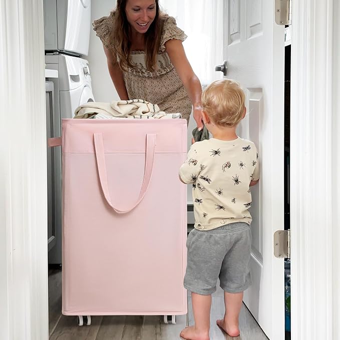 CHICVITA Laundry Hamper with Wheels 2-Pack, 75L Collapsible Laundry Basket with Removable Wash Bags, Pink Laundry Hamper for Corner Dorm, Rolling Laundry Basket on Wheels