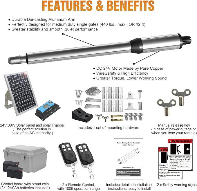 JUJIANG C01 Solar Gate Opener with Batteries & Solar Panel for Single Swing Gates Up to 440lb 12FT Automatic Gate Openers with Remote Complete Kit Light Duty Automatic Gate Openers Solar Powered