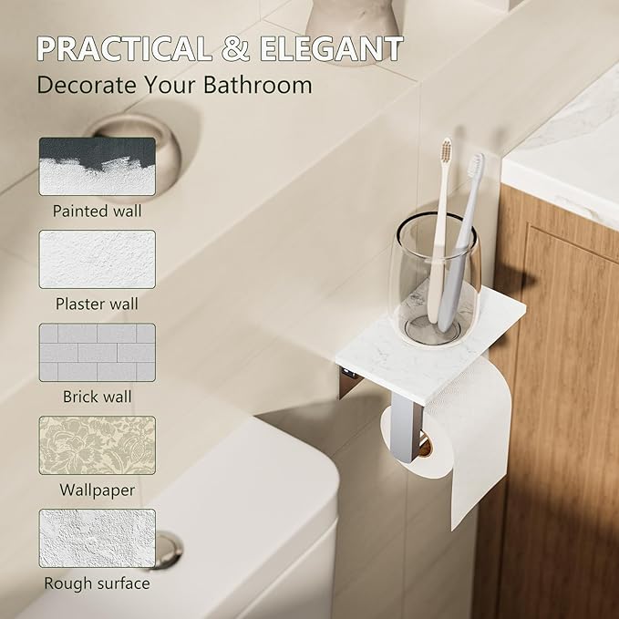 Marble Toilet Paper Holder with Shelf, Evolvegoods Chrome Bathroom Toilet Paper Holder Wall Mount, 304 Stainless Steel Modern Toilet Paper Roll Holder Storage Tissue Holder