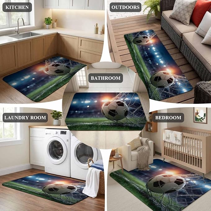Football Bathroom Runner Rugs Non Slip Washable Absorbent Narrow Long Bath Mat Goal Net Soccer Sports Orange Blue Green Runner Rugs for Kitchen Hallway Bedroom Laundry Study Room 31.5"x63"