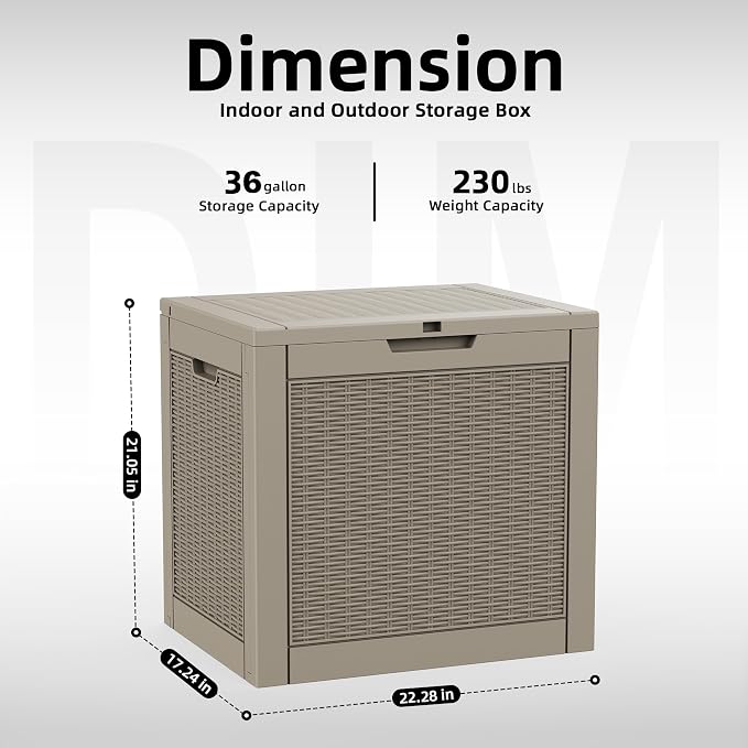 DRATO 36 Gallon Outdoor Storage Box Waterproof, Lockable Resin Deck Box for Patio Furniture, Pool Supplies & Garden Tools, Weatherproof Outside Storage Bin for Backyard Porch (Grey, 36 Gallon)