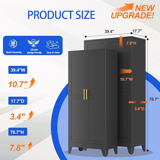 GAIOUS 79" Tall Kitchen Pantry Cabinet,Metal Storage Cabinet Black Cupboard | with 2 Doors and 5 Adjustable Shelves, Freestanding Cupboard, 6 Tier Steel Storage for Office Kitchen Dining Garage Hallways