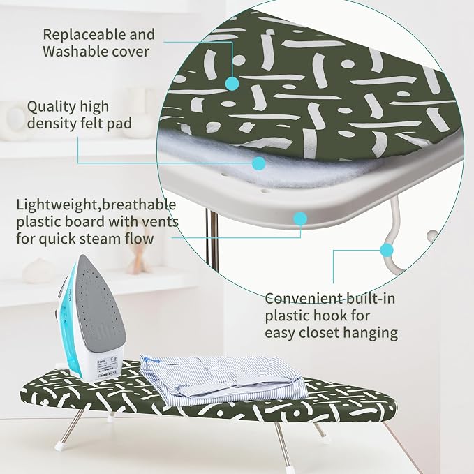 Tabletop Ironing Board 12"x29" – Compact Portable Ironing Board with Thick Felt Padding, Heat Resistant Cover, Stainless Steel Legs, Space-Saving Design