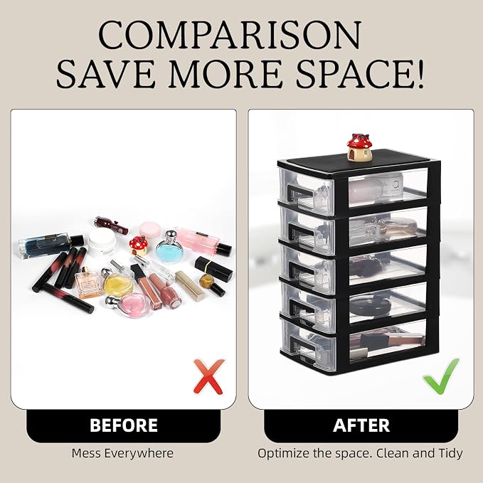 Cabilock 5 Drawer Plastic Storage Organizer Clear Desktop Drawer Storage Cabinet for Office Study Bathroom Craft Supplies