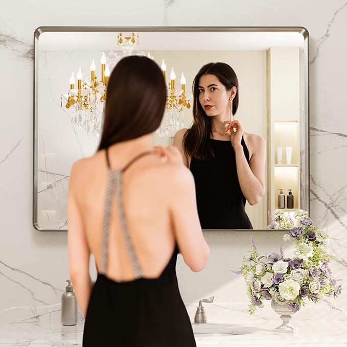 LOAAO 40X32 Inch Brushed Nickel Bathroom Mirror, Rounded Rectangle Silver Metal Frame Mirror, Brushed Nickel, Anti-Rust, Shatter Proof, Hangs Horizontally or Vertically