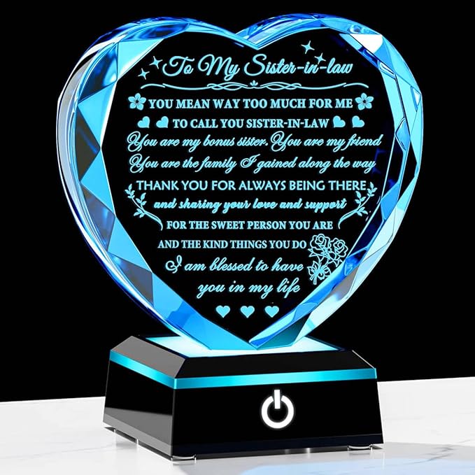 Arikyrist Meaningful Sister in Law Gifts with Colorful LED Base Wedding Birthday Gifts for Sister in Law Heart Crystal Keepsake Gift Ideas for Mother's Day Christmas Thanksgiving