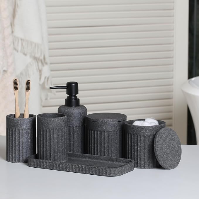 INIUNIK Bathroom Accessory Set - 6 Pieces Bathroom Accessories Set Complete with Soap Dispenser, Toothbrush Holders, Tumbler, Vanity Tray and 2 Qtip Holder for Home Organizer and Decor, Dark Grey
