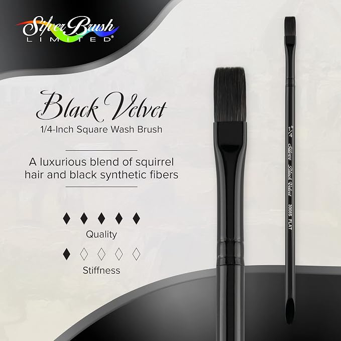 Silver Brush Limited 3008S-1/4in Black Velvet Professional Square Wash Paint Brush, Natural Squirrel Hair and Synthetic Mix Blend Filament Watercolour Brush, Size 1/4 Inch, Short Handle