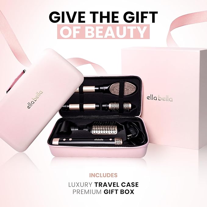 ELLA BELLA® 6 in 1 Professional Hot Air Styler • Powerful Hair Dryer & Straightener Set • Styling Without Heat Damage • Fast Drying Curling Volumizing Straightening • Includes Protective Travel Case