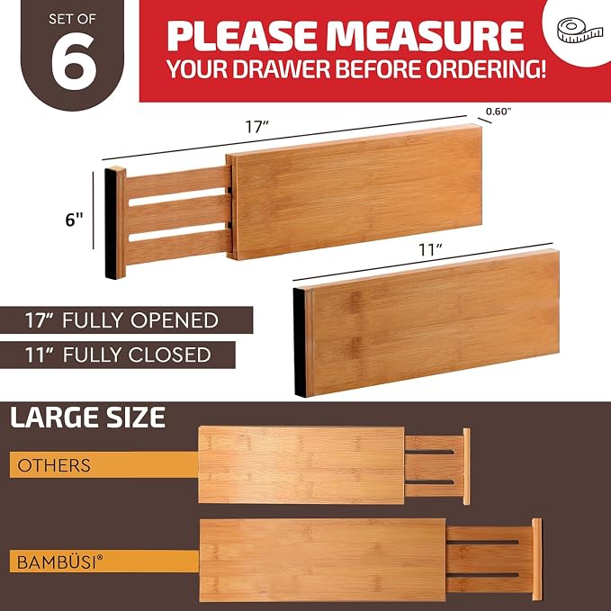 6 Pack Bamboo Drawer Dividers - 6 Inch High for Deep Drawers, Adjustable 11.5 to 17 Inch Expandable Kitchen Drawer Organizer, Spring Loaded Dresser Separator for Clothes, Bedroom, Bathroom, Office