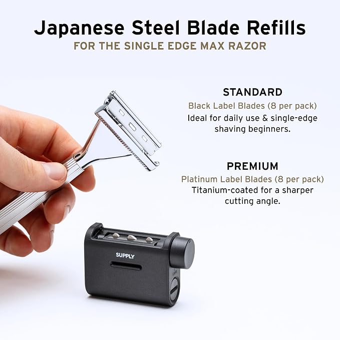 SUPPLY Single Edge Max Blade Refills for Men – Includes 8 Platinum Label Steel Replacement Blades – Crafted in Japan