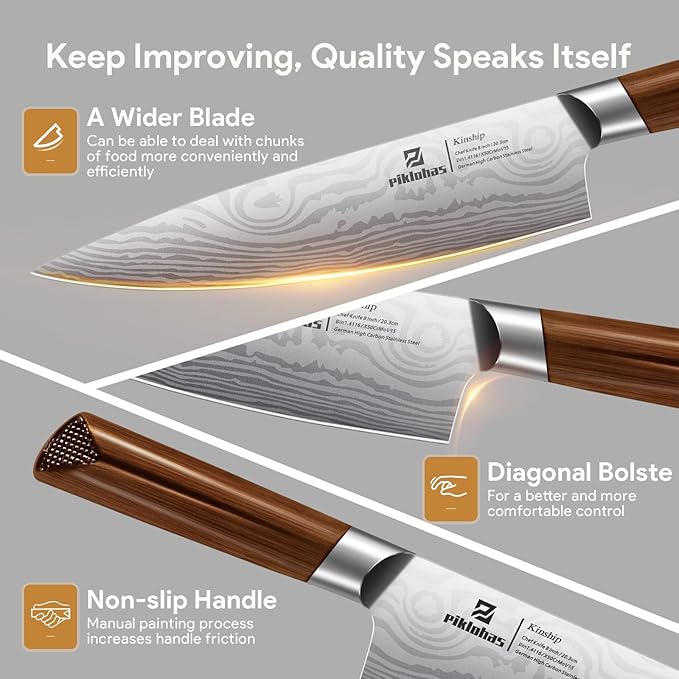 Kitchen Knife Sets With Block, Piklohas 15 Pieces Knife Sets With Magnetic Detachable Knife Holder, High Carbon Steel Damascus Pattern Chef Knife Set With Steak Knives, Ideal For House Warming Gift