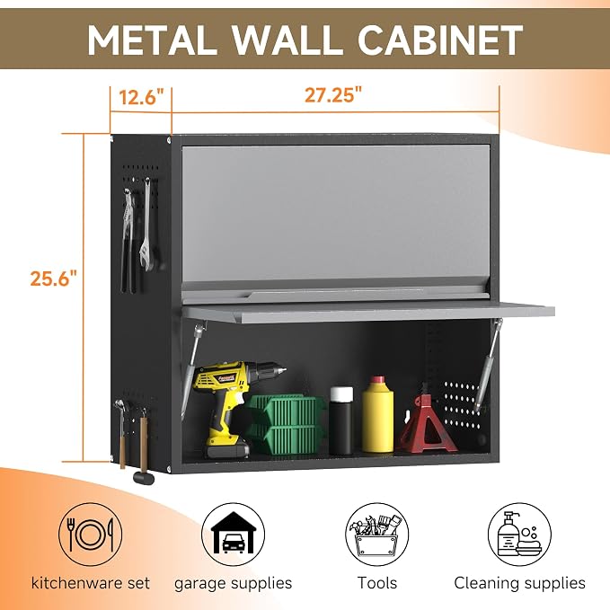 Coolsun 2 Door Metal Wall Cabinet, Garage Wall Cabinet with Up-Flip Door, 25.6" H Wall Mounted Metal Storage Cabinet for Garage,Basement,Ware House Assembly Required