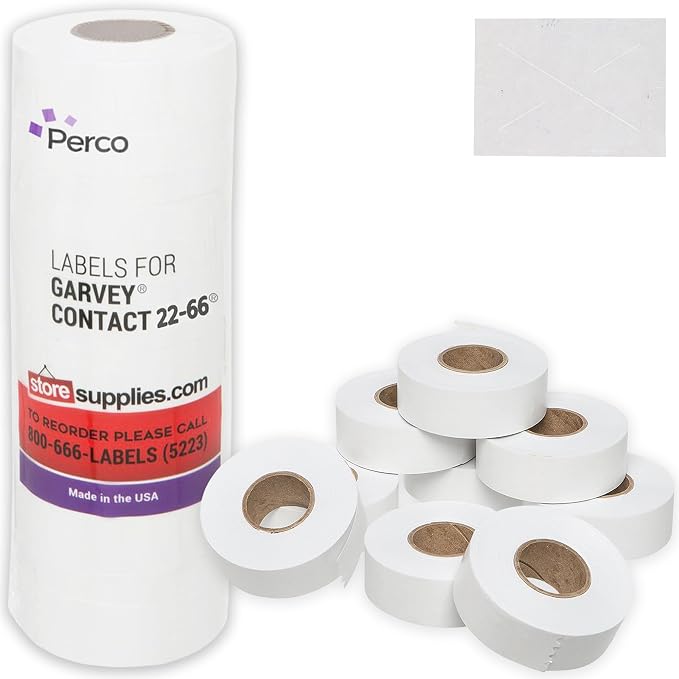 Perco White Price Marking Labels - 9,000 Blank Labels for Garvey 22-66/22-77/22-88 Two Line Pricing Gun with Ink Roll Included - 9 Rolls, 1 Sleeve - Made in USA