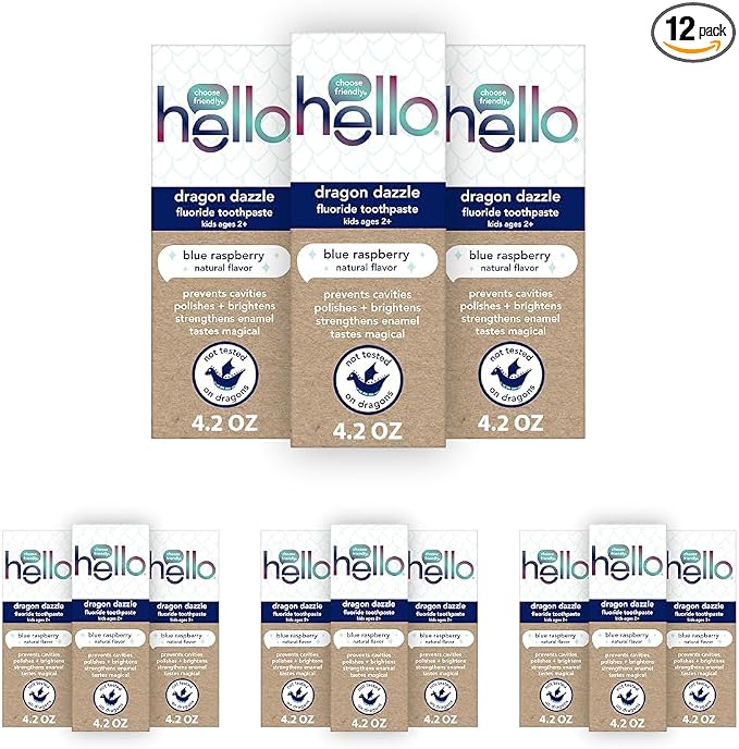Hello Dragon Dazzle Blue Raspberry Kids Toothpaste, Fluoride Toothpaste, Ages 2+, No Artificial Sweeteners, No SLS, Gluten Free, Vegan, Pack of 12, 4.2 OZ Tubes