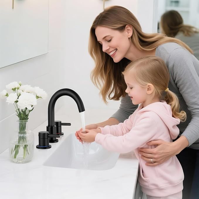 Bathroom Faucet 3 Hole, Matte Black Bathroom Sink Faucet with Pop Up Drain, 8 Inch Widespread Bathroom Faucet with 360° Swivel Spout, 2 Handle Vanity Faucet with Water Supply Hoses (2 Pack)