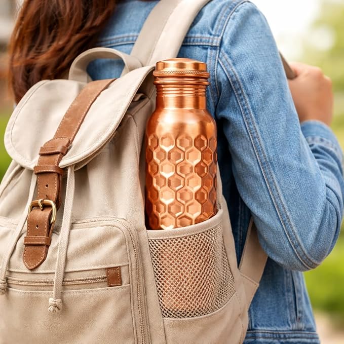 100% Pure Copper Water Bottle for Drinking, 32 Oz Large Diamond Ayurvedic Copper Bottle with Cleaning Brush, leak-proof water Vessel_Diamond