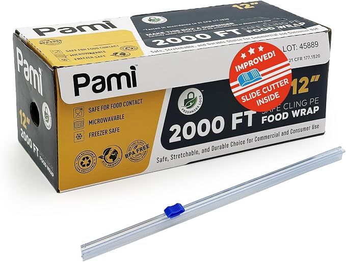 PAMI Plastic Food Wrap 12” x 2000 FT with Slide Cutter – Safe Cling Stretch Film, BPA Free, Microwave & Freezer Safe, Durable Food Storage Wrap for Home & Commercial Use