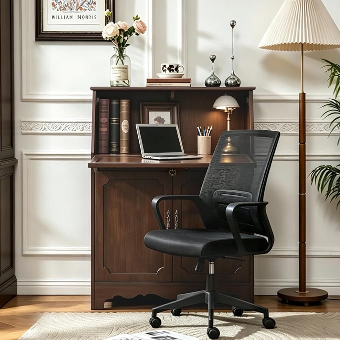 Ahokua Vintage Storage Cabinet with Flip Down Desk, Wood Accent Cabinet with Adjustable Shelf and Hidden Workspace, Entryway Cabinet with Doors for Living Room, Home Office, Walnut