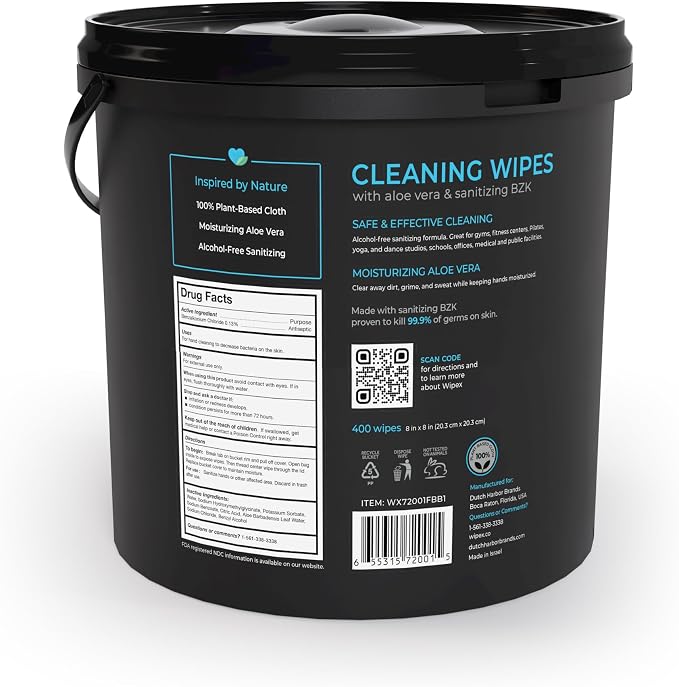Wipex Gym & Fitness Cleaning Wipes, 400ct Dispensing Bucket with Sanitizing BZK for Hands, Great for Gym, Studios and Fitness Centers 400 Count (Pack of 1)