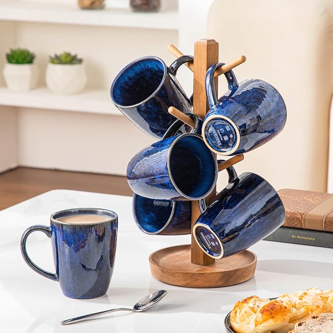 vancasso STARRY Ceramic Coffee Mug Set of 6, 12 Oz Tea Cups with Handle for Latte, Tea, Cappuccino, Milk, Cocoa, Microwave&Dishwasher Safe,Blue