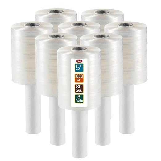 8 Pack Industrial Strength Mini Hand Stretch Wrap 5" 1000 Ft. Roll 80 Gauge Thick, Shrink Wrap Roll for Moving Supplies, Furniture, Pallets, Plastic Wrap for Packing, Heavy Duty Stretch Film