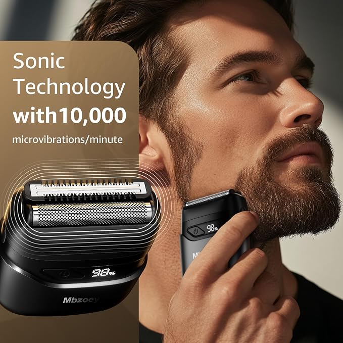 Mbzoey Electric Foil Shavers for Men: IPX7 Waterproof - Magnetic Cover | Mini Razor for Travel - Face Shaver with LED Display & USB-C Fast Charge - Micro-Comb Technology & Precision Blades