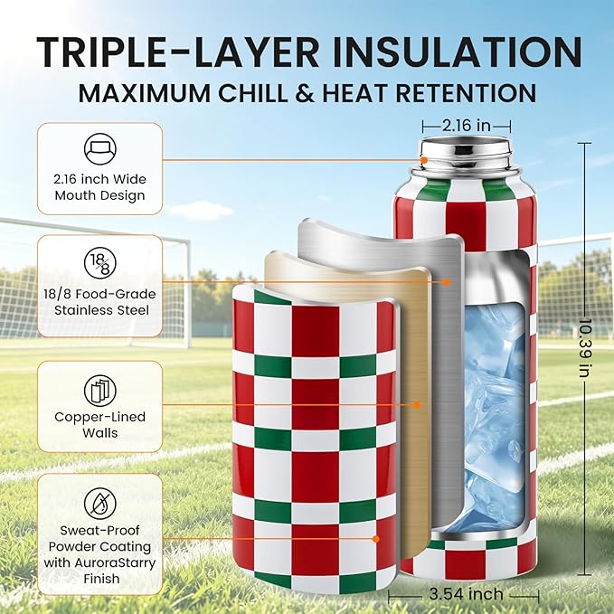 RAYMYLO 2026 Soccer Biggest Event Edition Insulated Water Bottle 40 oz, Nation Flag Design, Best Souvenir & Gift for World Soccer Lover, Vacuum Stainless Steel (Cold for 36Hrs), Leak Proof & Non-BPA
