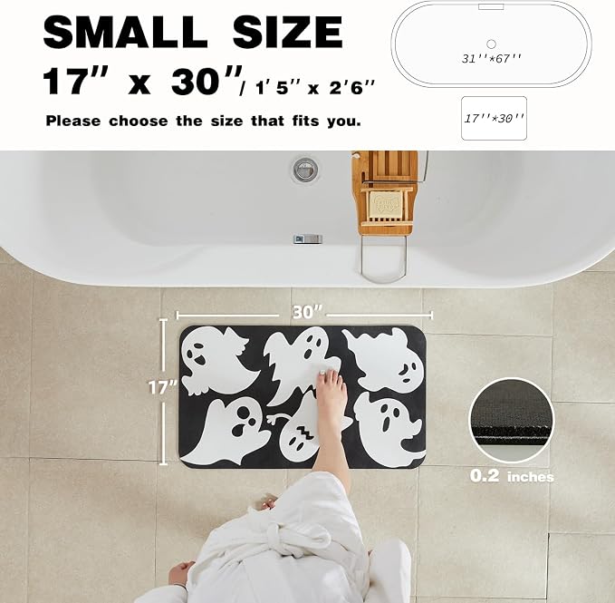 TYUU Halloween Bath Mat, Thin Halloween Bathroom Rug Non Slip Quick Dry Ghost Bath Mat Fits Under Door Thin Floor Mat Halloween Decor, 17''x30'', Ghosts Black