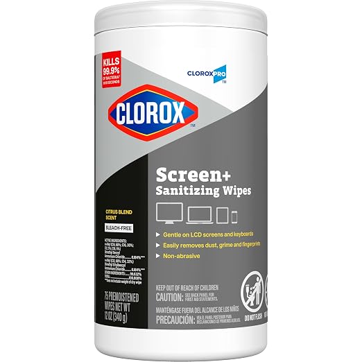 CloroxPro Clorox Screen+ Sanitizing Wipes, Disinfecting Wipes for Electronics, Gentle on Phones, Tablets, LCD Screens, Laptops and Sensitive Surfaces, Citrus Blend Scent, 1 Canister, 75 Wipes