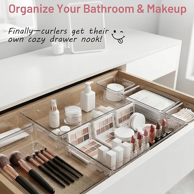 Drawer Organizer, 10 Pack Large Clear Plastic Organizer Bins 5 Sizes, Versatile Bathroom Drawer Trays, Heavy Duty Non‑Slip Drawer Dividers for Makeup, Office & Kitchen Utensils