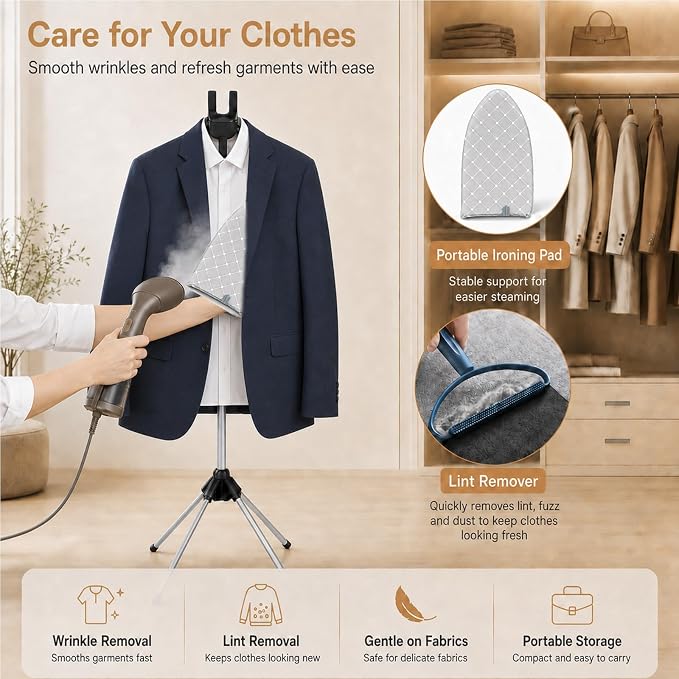Garment Steamer Stand Set for Handheld Steamers, 33-63 Inch | Metal stand with 360 rotating hanger for shirts, suits and graduation gowns; includes 2 pads, 2 lint removers and 2 bags