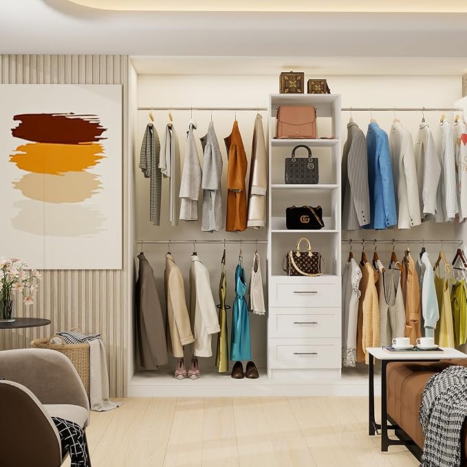 Closet System, 5FT-8FT Closet Organizer System with 3 Wooden Drawers, 99" Walk In Closet Organizer and Storage with 4 Expandable Hanging Rods, Wall Mount, White