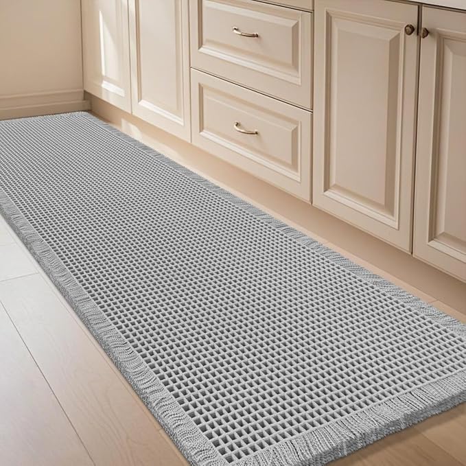 Large Waffle Bath Mat Light Grey 6'x2'(72" x 24"), Boho Woven Modern Bath Mat Rugs, Absorbent Non Slip Bathroom Rugs, Soft Washable Bath Rugs with Tassels for Bathroom, Bedroom, Kitchen, Shower, Tub