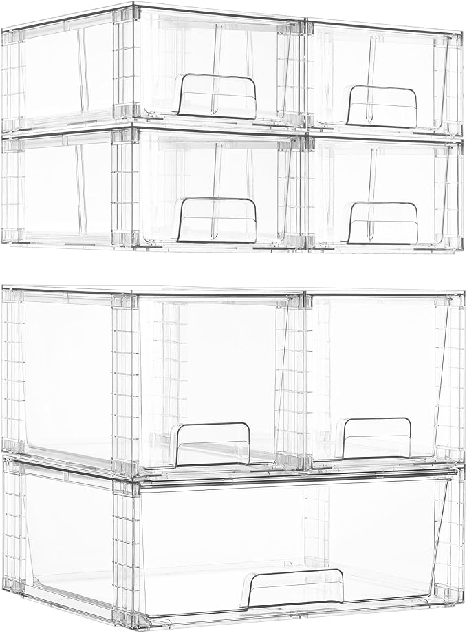 Vtopmart 7 Pack Stackable Storage Drawers, Easily Assemble Clear Plastic Organizer Bins, Storage Drawer Set for Pantry and Kitchen Cabinet Organization, Bathroom or Closet Storage