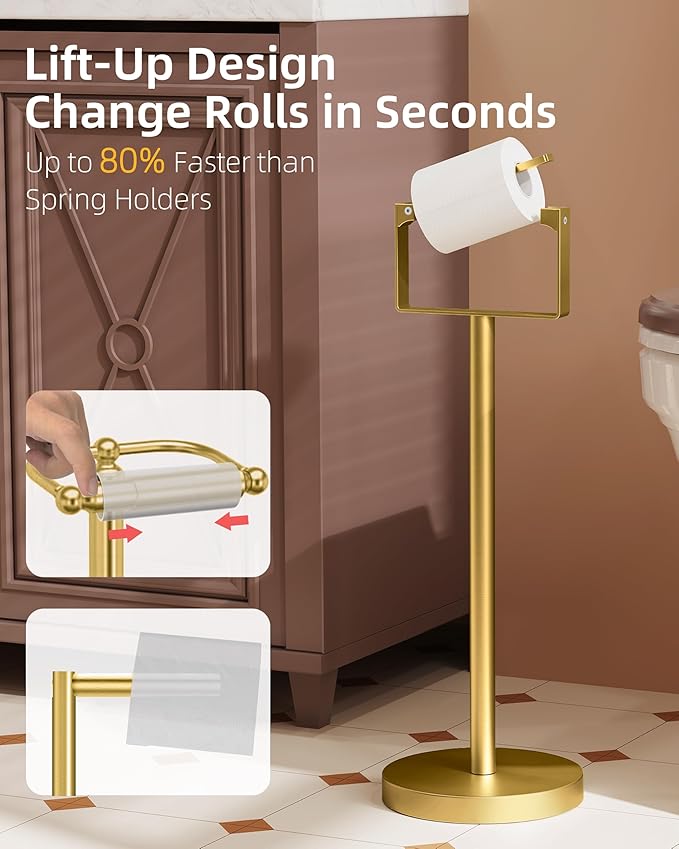 RUACQ Toilet Paper Holder Stand, Magnetic Closure Toilet Paper Stand with Lift-Up Rotating Arm, SUS304 Stainless Steel Bathroom Toilet Paper Holder Free Standing, Weighted Base (Brushed Gold)