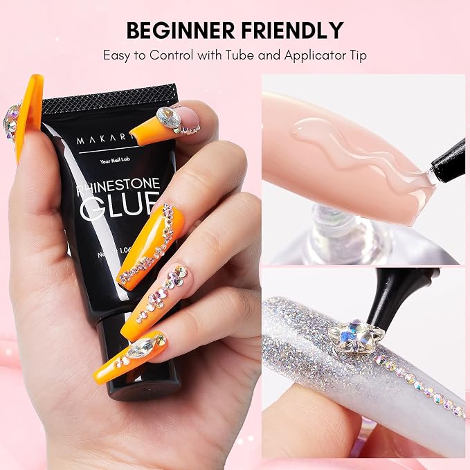 Makartt Nail Rhinestone Glue for Nails: 60ML Super Strong Gel Glue | for Rhinestones, 3D Art Charm Decorations Bling Gem Bow Jewels Crystals Beads Diamonds Pearls, Beauty Gift, UV Lamp Need