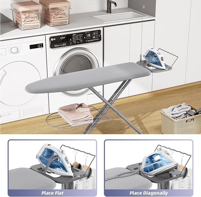 KINGBOARD Ironing Board, Compact Iron Board Full Size with Extra Thick Cover, 7 Adjustable Heights Stand with Hanger and Iron Rest, Large Heavy Duty Ironing Board with Storage Tray, 13x43 Grey