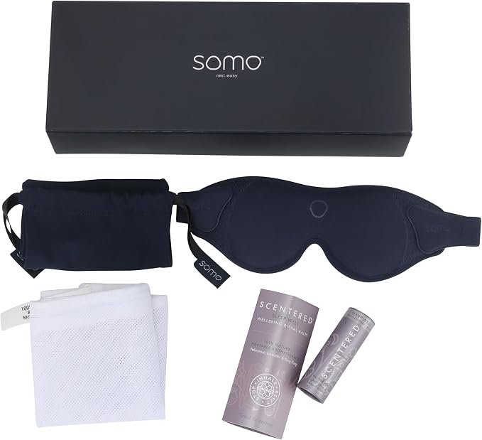 Scentered x SOMO Luxury Blackout 3D Sleep Mask for Side Sleepers & Sleep Well Aromatherapy Balm - Acupressure Eye Mask with Eyelash Space, Hypoallergenic - 4-in-1 Sleep Gift Set with Pouch & Wash Bag