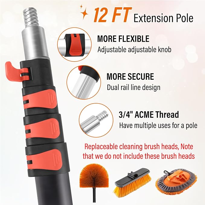 18FT High Window Cleaning Kit with Pole,2 in 1 Window Squeegee,3-12FT Professional Window Clean Pole Kit,2 Squeegee & 2 Microfibre Cloths,180°Rotatable Squeegee for Indoor/Outdoor High Windows