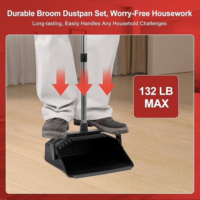 Tiumso Upgrade Broom with Dustpan Combo Set, Broom and Dustpan Set with 51'' Long Handle, Large Upright Brooms and Dust Pans, ZeroGap Lip, Self-Cleaning Dustpan Teeth for Lobby and Restaurant - Black