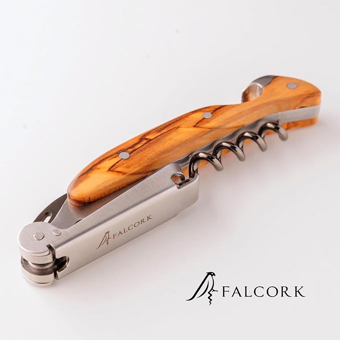 Corkscrew for Professionals FALCORK® 144 Efficiency – Exclusive One-Step Wine Key & Bottle Opener for Intensive Use in Hospitality with an Optimally Marked Helix & Smooth Natural Olive Wood Handle