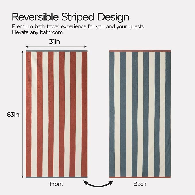 REDKISS 2 Pack Extra Large Striped Bath Towels, 31 x 63 Inches, 100% Cotton, Larger & Quicker to Dry, Super Soft and Highly Absorbent Towel, Perfect for Bathroom, Terracotta