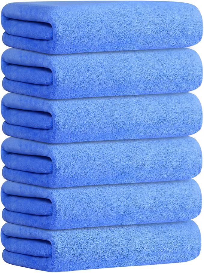 JML Bath Towel, Microfiber, 6 Pack, 30" x 60", Blue | Hanging Loop, Soft, Absorbent, Quick Dry, Lint Free, Fade Resistant