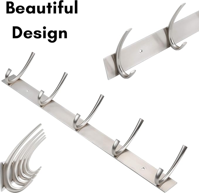 BIRDROCK HOME Premium 5-Hook Stainless Steel Coat and Hat Rack for Wall - Set of 2 - Front Door Organizer - Mounted Hanger for Jackets, Clothes, Hats, Towel - Silver Dual Hooks - Brushed Nickel Finish
