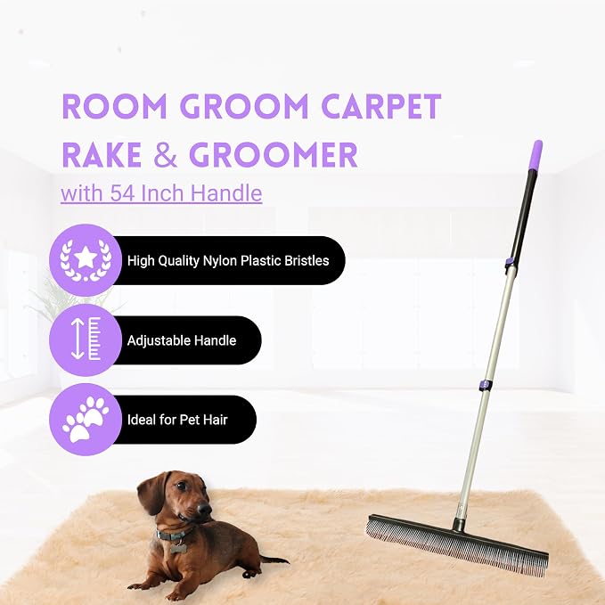 Room Groom PET Carpet Rake and Groomer with Telescoping 54 Inch Adjustable Handle, Rugs, and Artificial Turf, Purple Grip, Black/Purple